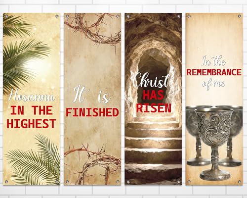 4Pcs Easter Church Banners for Sanctuary Wall Religious Banners Hanging Backdrop Praise Hanging Sign with Scripture Bible Verses Banner Easter Banner for Church School Decor(Retro Vintage) - style: Retro Vintage