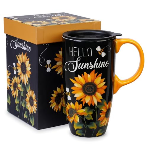 Topadorn 17oz Ceramic Travel Mug with Lid, Sunflower Floral Coffee Mug - color: Hello,Sunshine