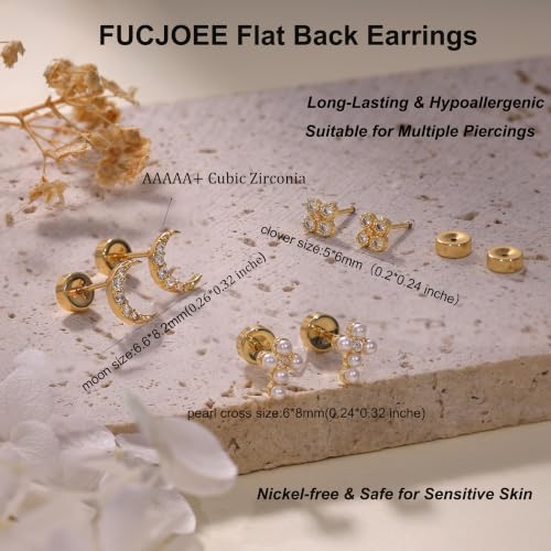 Flat Back Earrings - 14K Gold Plated Tiny CZ Butterfly Cross Moon Flat Back Stud Earrings Dainty Cartilage Earring Set Hypoallergenic Helix Earrings for Women Trendy Tragus Piercing Jewelry - color: Gold-Set4