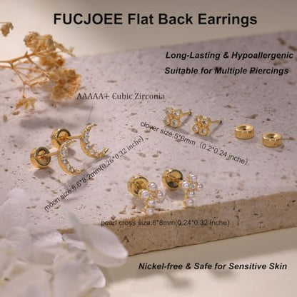 Flat Back Earrings - 14K Gold Plated Tiny CZ Butterfly Cross Moon Flat Back Stud Earrings Dainty Cartilage Earring Set Hypoallergenic Helix Earrings for Women Trendy Tragus Piercing Jewelry - color: Gold-Set4
