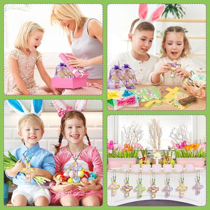 BeYumi Easter Cross Necklace Craft - 28Pcs Easter Religious Cross Necklace Craft Kit for Kids DIY He is Risen Sticker and Beads Christian Decor Sunday School Classroom Party Activities - style: Easter