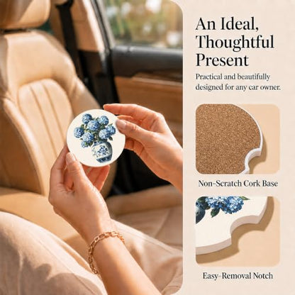 Chinoiserie Car Coasters Set of 2, Hydrangea Car Ceramic Accessories, 14 - color: Chinoiserie