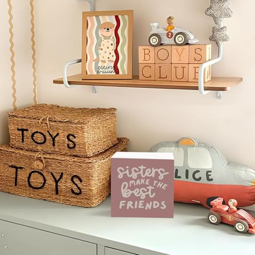Lacama Pink Girl Nursery Decor Wooden Box Sign, Sisters Make the Best Friends Decorations Wood Block Signs, Retro Pink Wood Sign for Toddler Girls Room Playroom Desk Shelf Wall Decor 5x5 Inches - color: Sisters Make the Best Friends-Pink