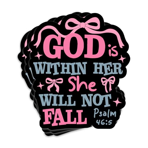 3PCs God Is Within Her She Will Not Fall Sticker Pink Bow Christian Bible Verse Sticker Religious Jesus Scripture Waterproof Vinyl Stickers For Laptop Water Bottle Decals Gifts For Adults Kids 3"x2.6"