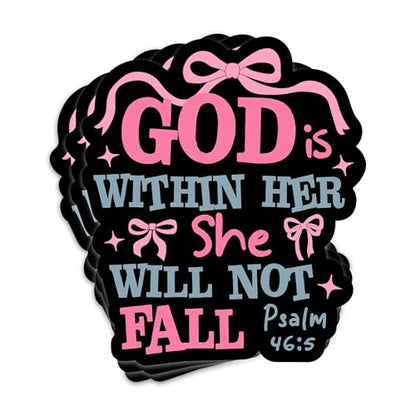 3PCs God Is Within Her She Will Not Fall Sticker Pink Bow Christian Bible Verse Sticker Religious Jesus Scripture Waterproof Vinyl Stickers For Laptop Water Bottle Decals Gifts For Adults Kids 3"x2.6"
