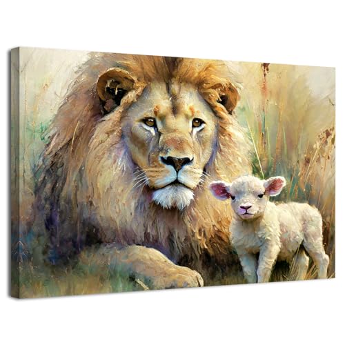 Lion of Judah Wall Art Christian Jesus Lion and Lamb Wall Decor Christ Religious Canvas Prints Pictures Bible Scripture Paintings for Prayer Room Bedroom Christian Artwork Home Decorations 12x16" - color: Lion Lamb, size: 16"L x 12"W