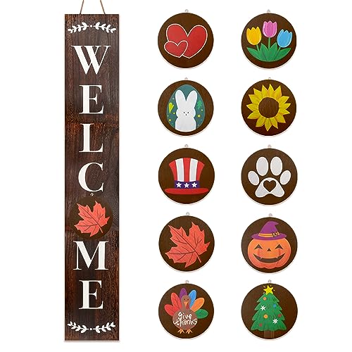 Monjita Welcome Sign for Front Porch Standing, Interchangeable Welcome Standing Sign with 5 Designed DoubleSided Icons for Front Door, All Seasonal Farmhouse Rustic Modern Porch Decor for Fall - color: Walnut