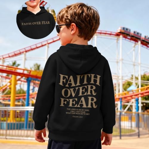 Fkatuzi Boys Christian Faith Over Fear Hoodie Kids Jesus Sweatshirt Faith Verse Bible God Religious Graphic Hoodies Pullover - color: Black, size: 5-6 Years