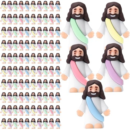 Bememo 100 Pcs Jesus Toys Original Design Mini Rubber Little Jesus Figurine to Hide and Seek Religious Party Favors Sunday School Craft Baptism Gifts for Easter Egg Stuffers (Macaron Color) - color: Macaron Color