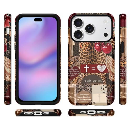 for iPhone 18 Pro Max 6.9'' Brown Cheetah Christian Phone Case - color: Red Cherry Leopard Collage, size: iPhone 18 Pro Max