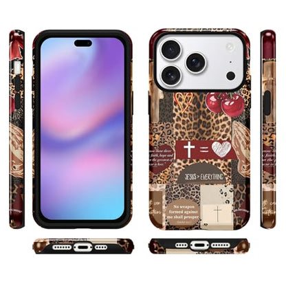for iPhone 18 Pro 6.3'' Brown Cheetah Christian Phone Case - color: Red Cherry Leopard Collage, size: iPhone 18 Pro