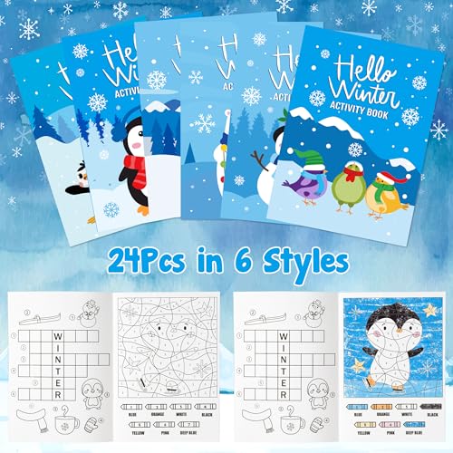 ANGOLIO 24Pcs Hello Winter Activity Coloring Books Including Snow Snowman Polar Bear Penguin DIY Art Drawing Patterns Learn Math Party Favors Christmas Favor Home Classroom Activity Supplies for Kids - style: Hello Winter Activity