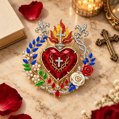 Sacred Heart of Jesus Brooch Pin, Virgin Mary Pin Catholic Sacred Heart Home Altar Church Baptism Religious Inspirational Jewelry Gift - color: Red Heart