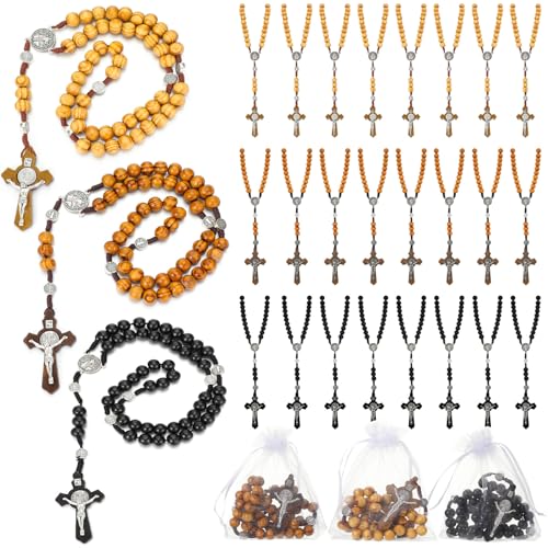 Equsion 24 Set Wooden Rosary Necklace Catholic Jesus Cross - color: Multicolor