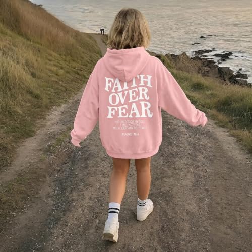 BANGELY Faith Over Fear Hoodie Girl's Christian Sweatshirt Long Sleeve Tops - color: Pink, size: 13-14 Years