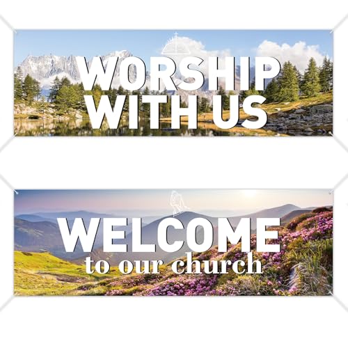 2 Pcs Worship with Us Church Wall Banners 6 × 2ft