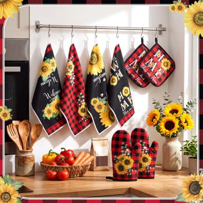 Leinuosen 8 Pcs Sunflower Red Plaid Kitchen Towels Dishcloths Accessories - color: Red and Black, style: Sunflower