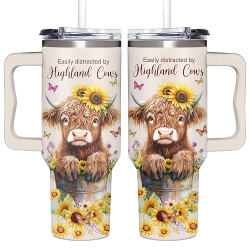 Highland Cow Gifts For Women, Teen Girls, and Her - Highland Cow Tumbler Gifts For Mothers Day, Birthday, Christmas, Valentines, Cowgirls Gift for Women - Cow Tumbler 40oz with Handle - color: Highland Cow Tumbler