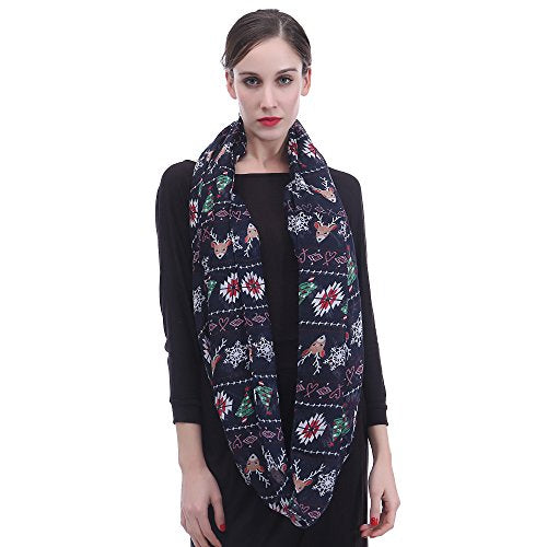 Lina & Lily Holiday Christmas Pattern Print Women's Infinity Scarf Lightweight - color: Navy Blue, Xmas Reindeer