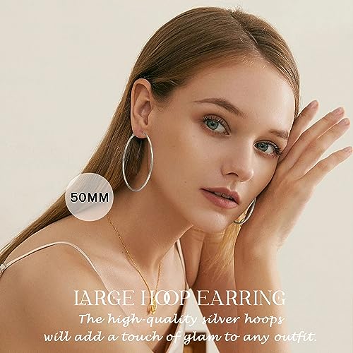 2MM Thin Gold Hoop Earrings Sterling Silver Post Hoop Earrings For Women Diamond-Cut Gold Hoops Earrings 14K Gold Plated Hoops Earrings Lightweight Hypoallergenic Oversize Gold Earrings For Women - color: Silver-50MM