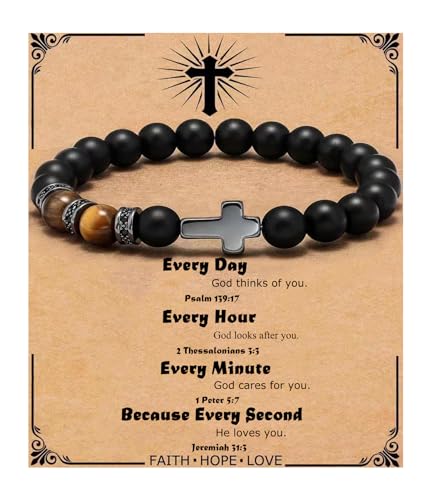 QWNHONEY Cross Bracelet for Men Son Brother Baptism Communion Birthday Anniversary Christmas Christian Black Tiger Eyes Bead - style: Every day God thinks of you