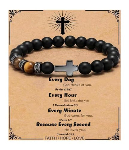 QWNHONEY Cross Bracelet for Men Son Brother Baptism Communion Birthday Anniversary Christmas Christian Black Tiger Eyes Bead - style: Every day God thinks of you