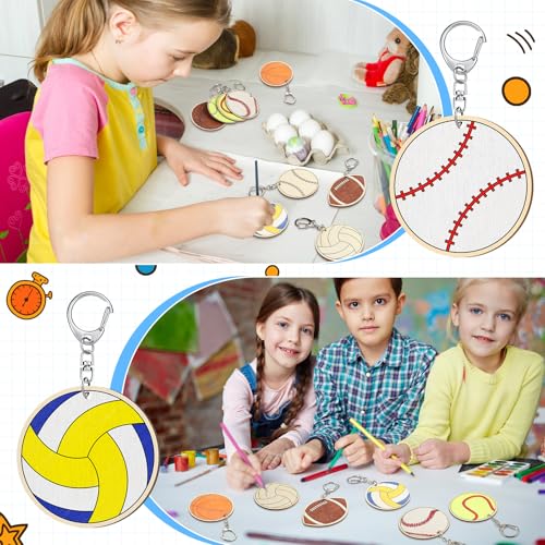 Trnayi 36 Pcs Sports Ball Unfinished Wood Keychains Color Your Own Craft - style: Sports