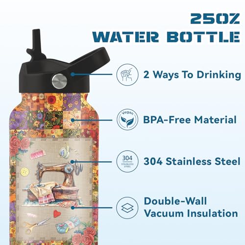 Gifts for Sewing Lover, 25oz Sewing Water Bottle with 2 Lid & Straw - Sewer Stainless Steel Insulated Water Bottles, BPA-free Leakproof Sports Waters Bottle for Daily, Gift Cup for Sew Enthusiast - color: Sewing