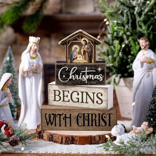 Moucuny 4 Pcs Christmas Table Decoration Christmas Begins with Christ Signs - style: Christmas Begins with Christ