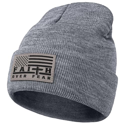 Christian Cross Beanie Hats for Men Women, Faith Winter Cuffed Hats, Religious Gifts for Thanksgiving Christmas New Years - color: Grey, style: Faith Over Fear