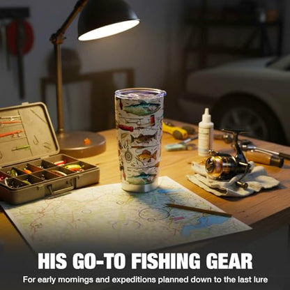 Fishing Gifts for Men, Fishermen - Fish Travel Coffee Mug Cup, Birthday Valentines Fathers Day Christmas Gift for Dad, Husband, Son, Boys, Grandpa, Uncle, Boss - 20oz Stainless Steel Insulated Tumbler - color: Fishing