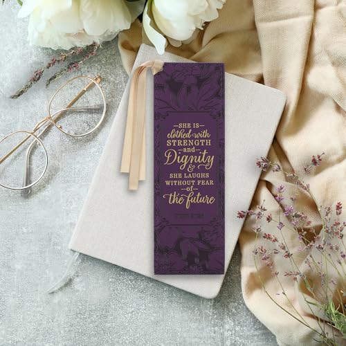 Christian Art Gifts Premium Faux Leather Bookmark: Strength & Dignity - color: Purple Floral/Strength & Dignity