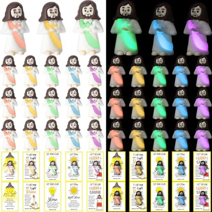 CroBlissful 30 Sets Mini Jesus Figurines Bulk Christian Glow in The Dark with Let Your Light Shine Cards for Christian Sunday School Religious Party Favor Halloween(Holding A Cross) - style: Holding A Cross Style