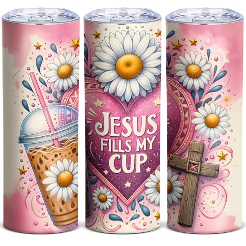 TUMBTU Jesus Fills My Cup Skinny Tumbler,Inspirational Christian Coffee Mug - color: Pink