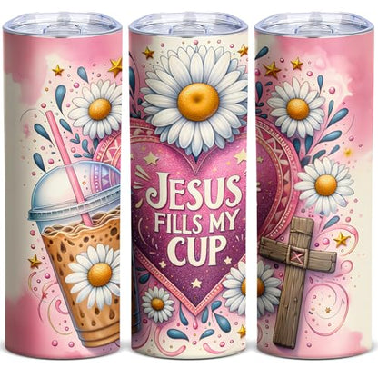 TUMBTU Jesus Fills My Cup Skinny Tumbler,Inspirational Christian Coffee Mug - color: Pink