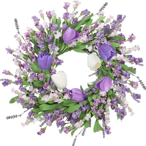 Sggvecsy Spring Summer Wreath for Front Door 22 Inch Artificial Purple Flower Wreath with Tulips Greenery Leaves Lavender for All Seasons Home Farmhouse Indoor Outdoor Wall Decor (Purple) - color: Purple and White