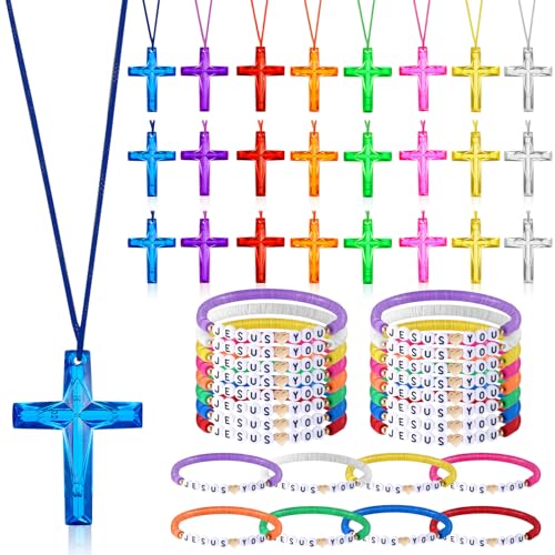 Equsion 48 Pcs Cross Necklaces Christian Religious Easter Party Favors Include 24 Plastic Crystal Cross Necklace DIY Craft Gifts with 24 Bracelet for Easter Vacation Bible Prize Favor(Jesus Loves You)