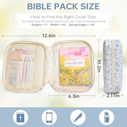 Bible Bag Cover Case for Women Study Supplies Kit Church Book Holder - color: Blue Flower
