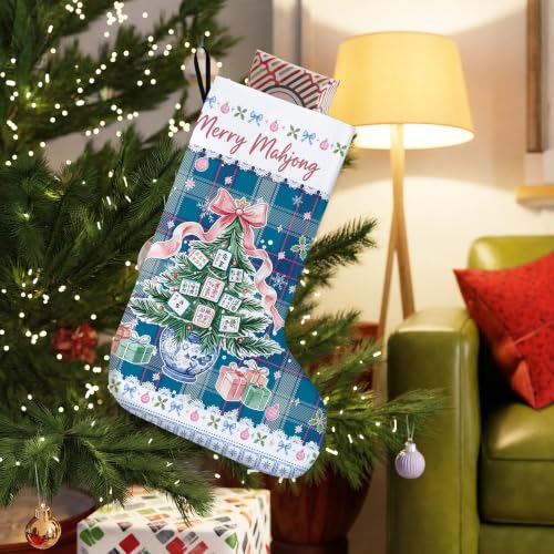 Chinoiserie Blue Plaid Christmas Mahjong Tree Stockings 16 Inch - color: Christmas17