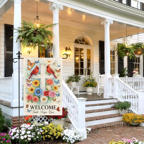 Welcome Faith Hope Love 12 x 18 Inch Cardinal Garden Flag - color: White