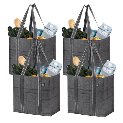 VENO 4 Pack Large Grocery Bag Reusable Shopping Bags with Hard Bottom - color: Windowpane