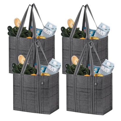 VENO 4 Pack Large Grocery Bag Reusable Shopping Bags with Hard Bottom - color: Windowpane