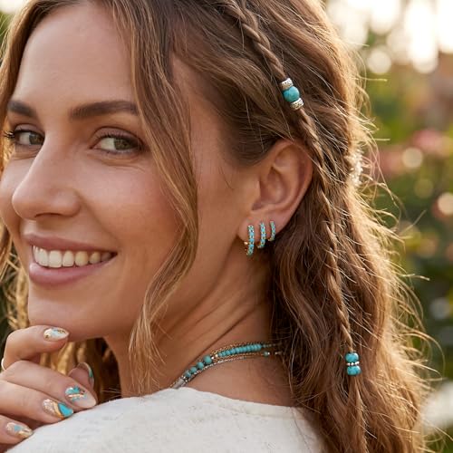 Small Gold Huggie Hoop Earrings Set for Women Men Hypoallergenic 14K Plated Stack Cartilage Earrings, Sterling Silver Multiple Piercing Lightweight Mini Thin Cute Dainty Trendy Jewelry Gifts for Women - color: Gold+Turquoise-6,8,10,12mm