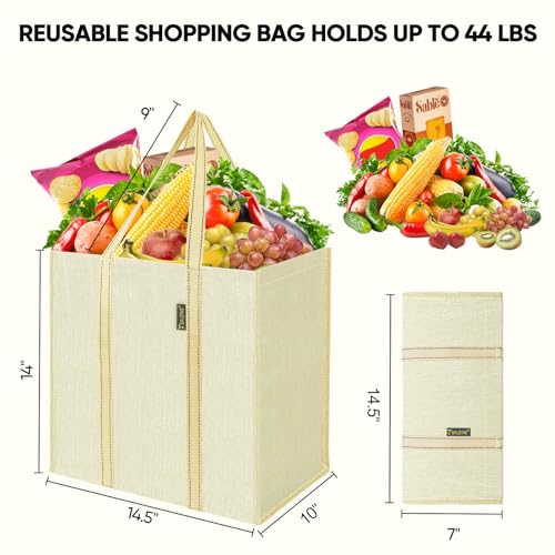 BALEINE 4 PK Grocery Bags Reusable Shopping Bags with Reinforced Bottom, Heavy Duty Foldable Tote Bags (Beige) - color: Beige, size: 4 PK