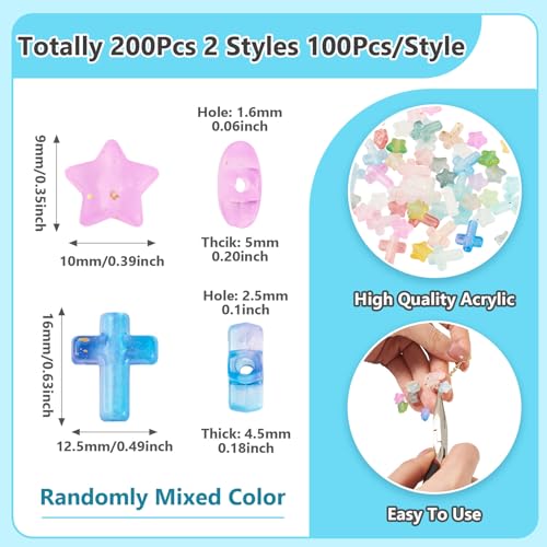 200Pcs Cross Star Acrylic Beads with Gold Foil Pastel Kandi Bead Crucifix Bracelet Halloween Beads for Keychain Crafts DIY Easter Jesus Bracelet Rosary Jewelry Making Supplies - color: Random Gradient