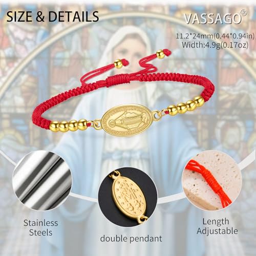 VASSAGO Virgin Mary Bracelet for Women Men Double-Sided Virgen de Guadalupe Rosary Bracelet Medal Handmade Braided Rope Catholic Christian Religious Jewelry Gift - color: gold-red string