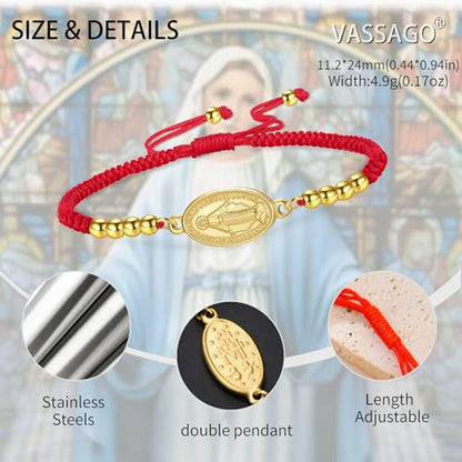 VASSAGO Virgin Mary Bracelet for Women Men Double-Sided Virgen de Guadalupe Rosary Bracelet Medal Handmade Braided Rope Catholic Christian Religious Jewelry Gift - color: gold-red string