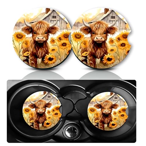 2Pcs Highland Cow Cars Coasters,2.75" Neoprene Rubber Cup Holder Coasters - color: Sunflower Highland Cow
