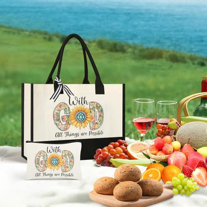 Tecanne Christian Gifts for Women, Canvas Tote Bag with Makeup Bag - color: Christian Gifts