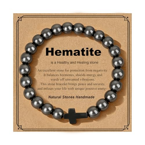 Gifts for Men Bracelets Triple Protection Cross Bracelet 8mm Black Obsidian Hematite Tiger Eye Beaded Natural Stone Bracelets Birthday Jewelry Gifts Cross Christian Gift for Him Husband Son - color: 3--Hematite